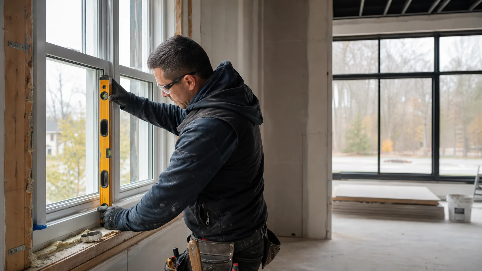 Professional installer fitting and leveling an energy-efficient window